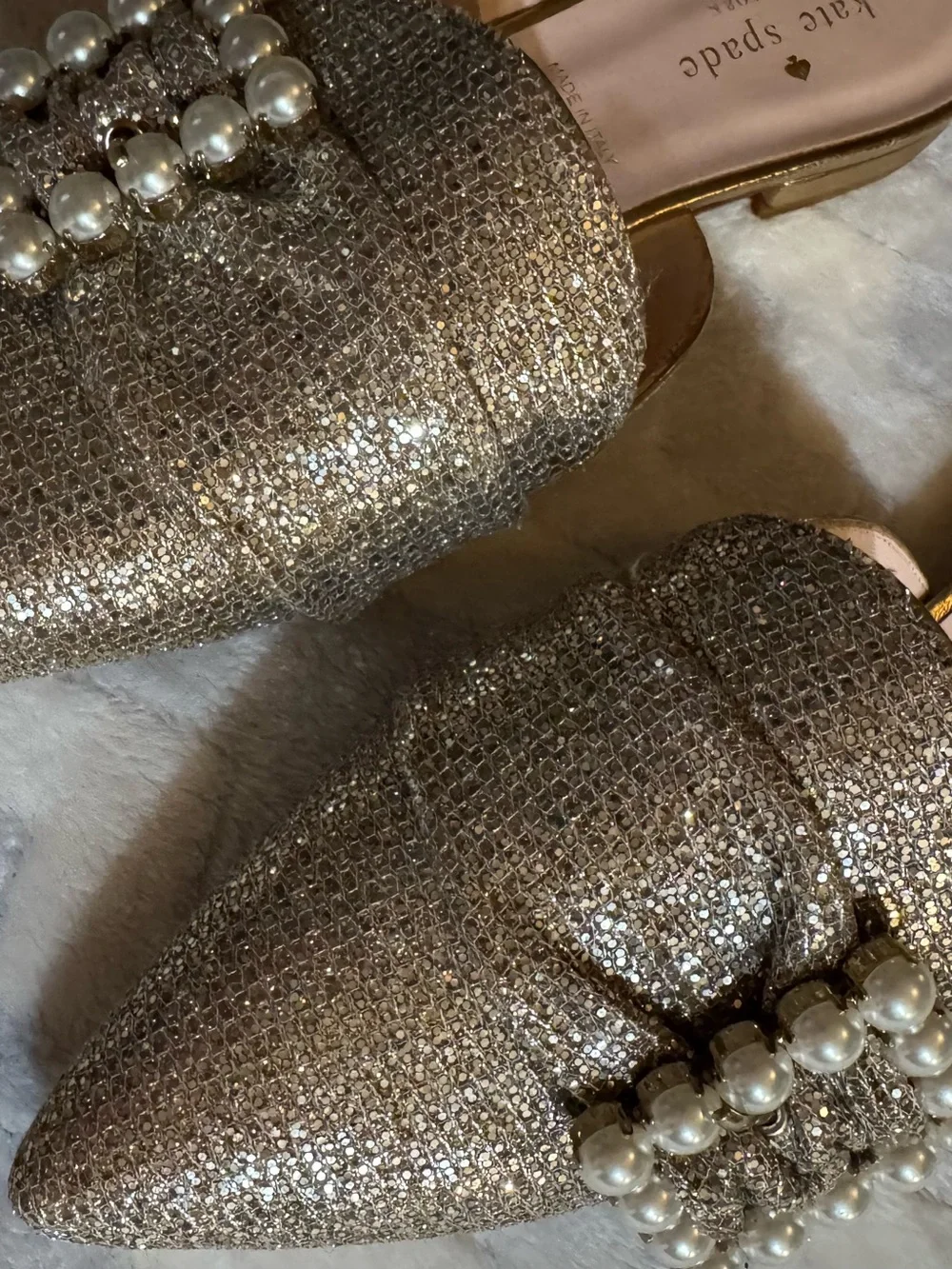 kate spade Gold Glitter Pearl Buckle Pointed Mules